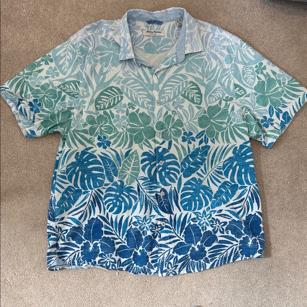 Tommy Bahama Hawaiian Blue and Green Tropical Shirt-XL